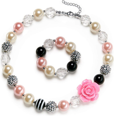 Rose Girls Cute Chunky Bubblegum Necklace and Bracelet Set Girls' Birthdays Day