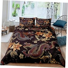 Boys Dragon Duvet Cover Golden Exotic Floral Bedding Set for Kids Full Multi 11