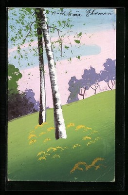 Artist postcard hand painted: trees on a meadow, stencil painting 1905 