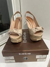 Bebe Dita Beige Platform Slingback Sandals with Gold Stiletto Heel 6-6.5