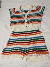 Crochet Outfit Size small Two Piece Set cropped polo top with accent buttons