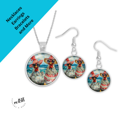 Chicks on the Beach Chicken Funny Silver Jewelry Necklace Set