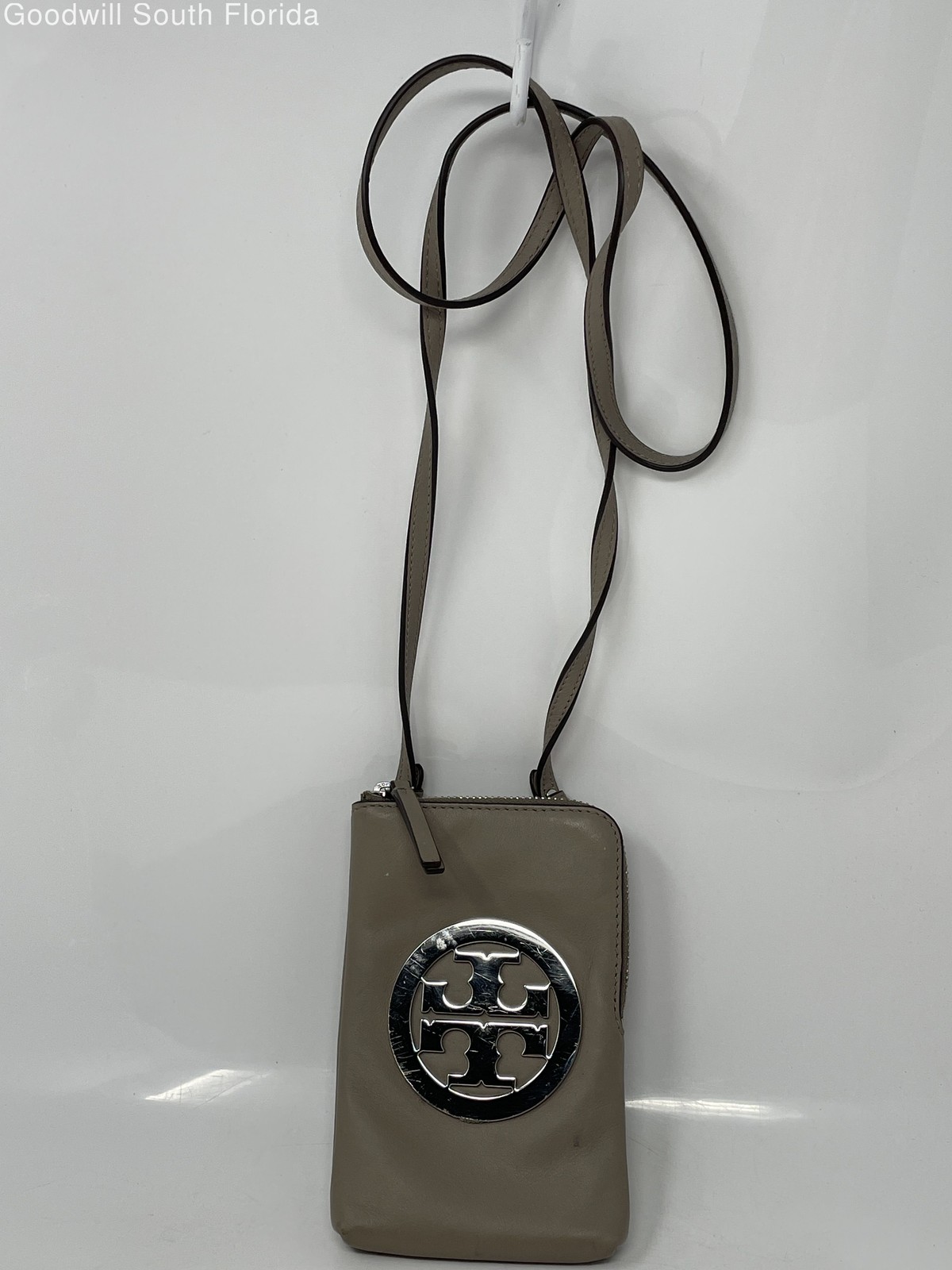 Authentic Tory Burch Womens Gray Card Holder Zipper Crossbody Bag Stained