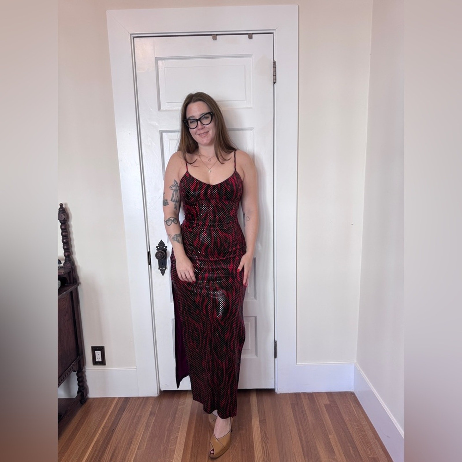 90s-Y2K Vintage Cache Red and Black Tiger Print Velvet Dress w mirrored sequins