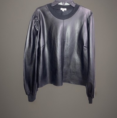 LA Made Chic Black Vegan Leather Sweatshirt Ruched Shoulder Biker Metal Moto S