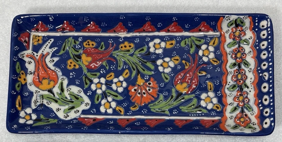 Набор из 2 турецких керамических поддонов ручной работы, расписанных вручную, 11x5 дюймов, настольные работы - Изображение 4 из 4