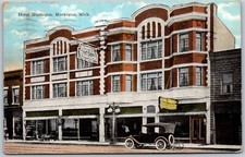 Postcard MI Michigan Hotel Muskegon Street View Old Car PS1A