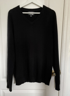 Men’s Black 100%Cashmere Long Sleeve V-Neck Sweater Size L