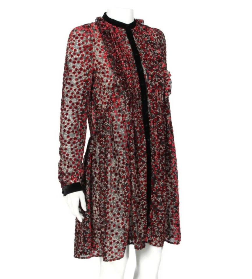 THE KOOPLES Black Red Velvet Dot Floral Sheer Goth Mini Ruffle Dress sz XS /786 - Image 4 of 4