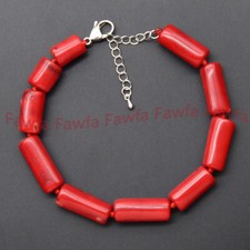 Natural Red Coral Cylinder Cube Barrel Gemstone Beaded Jewelry Bracelet 8-9"