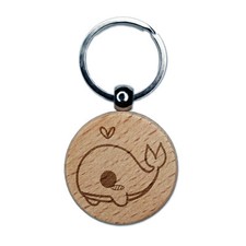 Sweet Kawaii Chibi Whale Engraved Wood Round Keychain Tag Charm