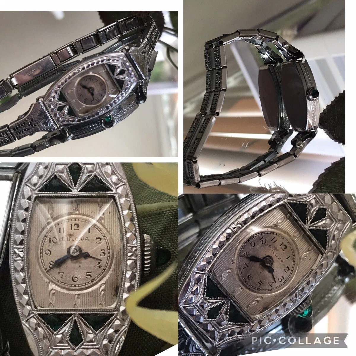 1934 Ladies Art Deco Emerald Bulova Watch Miss America Filigree Band