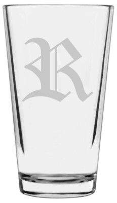 16oz Old English Gothic Font R Monogram Pint Drinking Glass