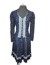 Vintage Gunne Sax 70s Blue Floral Set Lace Trim Prairie Cottagecore Festival 