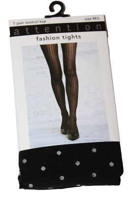 Attention Women's Black White SM Polka Dot Control Top Fashion Tights M/L-1X/2X