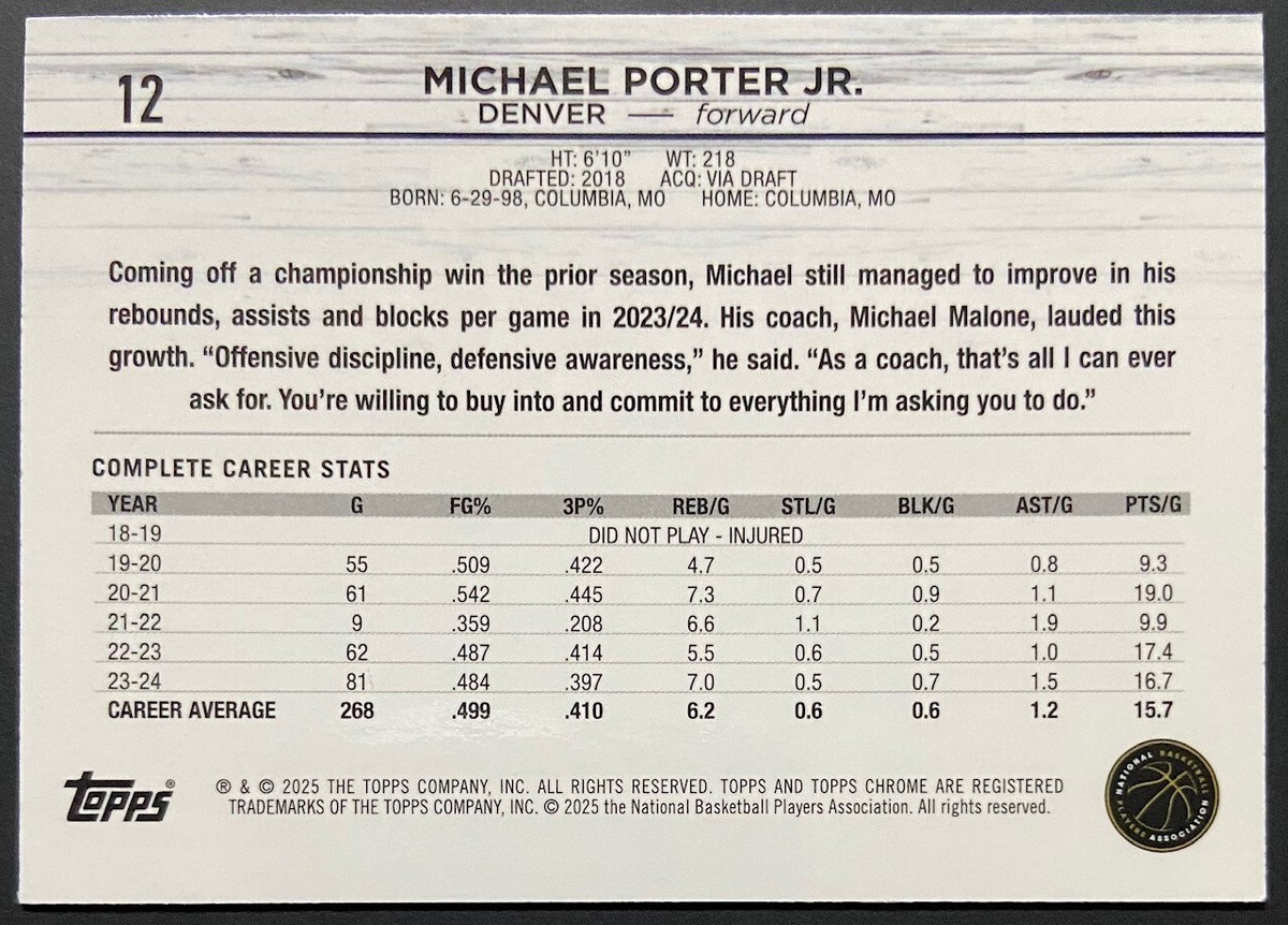 2025 Topps Chrome Basketball Michael Porter Jr Purple Sparkle
