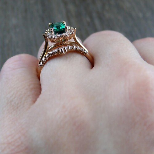 3 Ct Green Emerald Cut Diamond Engagement Bridal Set Ring 14K Rose Gold Finish - Picture 7 of 11