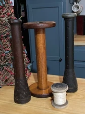 Tall 12" Vintage Primitive Wood Spools Bobbins Textile Industrial Sewing 4 Pcs
