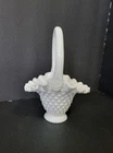 Vtg Fenton Hobnail White Milk Glass 6" Basket Ruffled Edges with Handle 6.5in