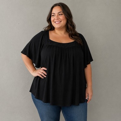 NEW Torrid 5X Black Square Neck Swing Top Lace Inset Texture Jersey Knit Blouse