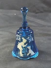 Fenton Blue Glass Bell Hand Painted Artist Signed Girl Teaching Dog To Sit Vtg