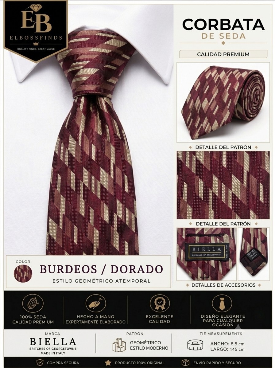 Biella Men's Burgundy/Gold Geometric Woven Silk Pointed Tie Silk Necktie