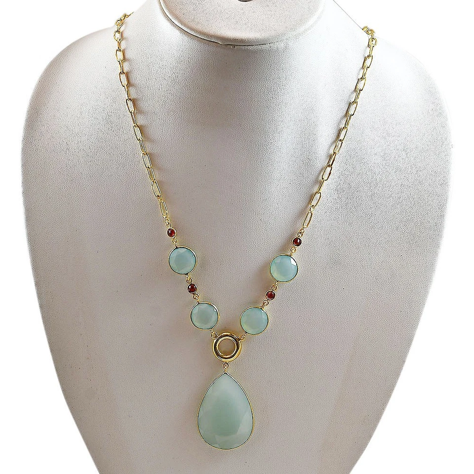 Juego de pendientes collar de calcedonia y granate aguamarina de oro de 18 quilates sobre latón TT01002 Foto 3 de 3