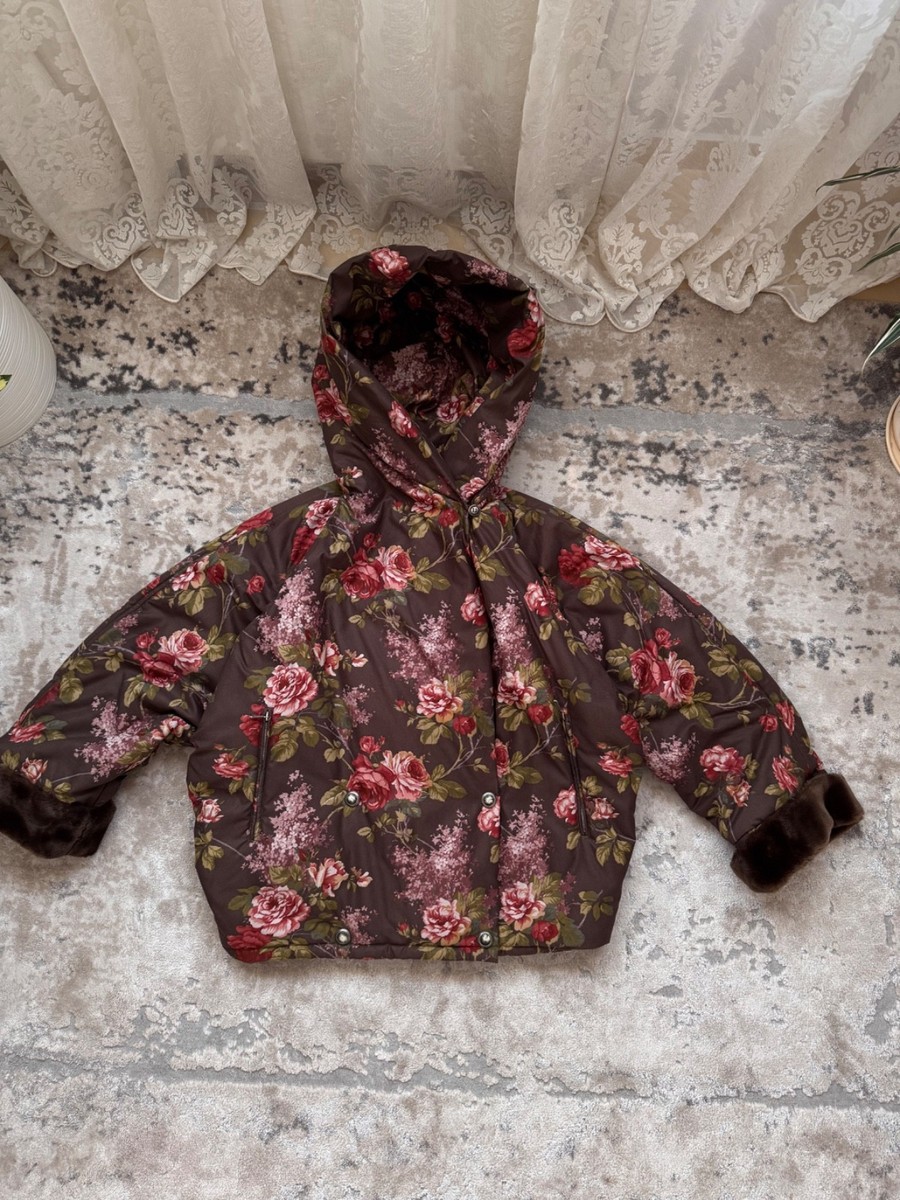 VTG Weekend Max Mara Designer Floral Hooded Rose Faux Fur Cuffs Puffer  Jacket