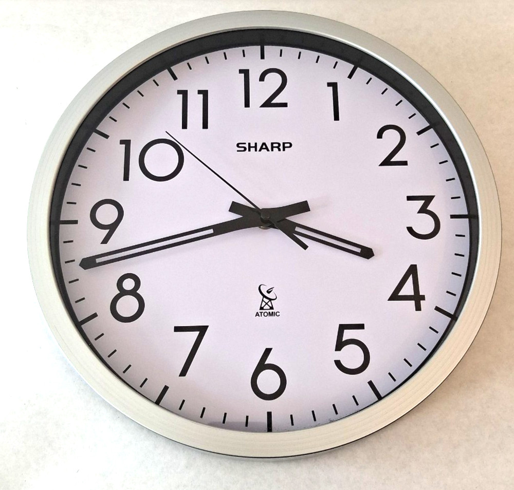 Sharp Atomic Analog Wall Clock - 12" Silver Brushed Finish - Sets Automatically