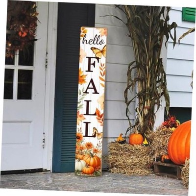 Hello Fall Porch Sign Autumn Pumpkin Maple Leaf Welcome Sign Vertical Rustic
