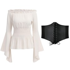 Medieval Blouse Women Gothic Steampunk Corset Top Long Sleeve Off Shoulde...