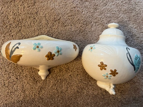 Hull Pottery Butterfly Floral 2 Piece Wall Pocket Planter Set 1950s - B25 & B24