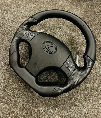 LEXUS IS250 IS350 ISF BLAC STICHES MULTIMEDIA FLAT BOTTOM LEATHER STEERING WHEEL - Picture 3 of 7