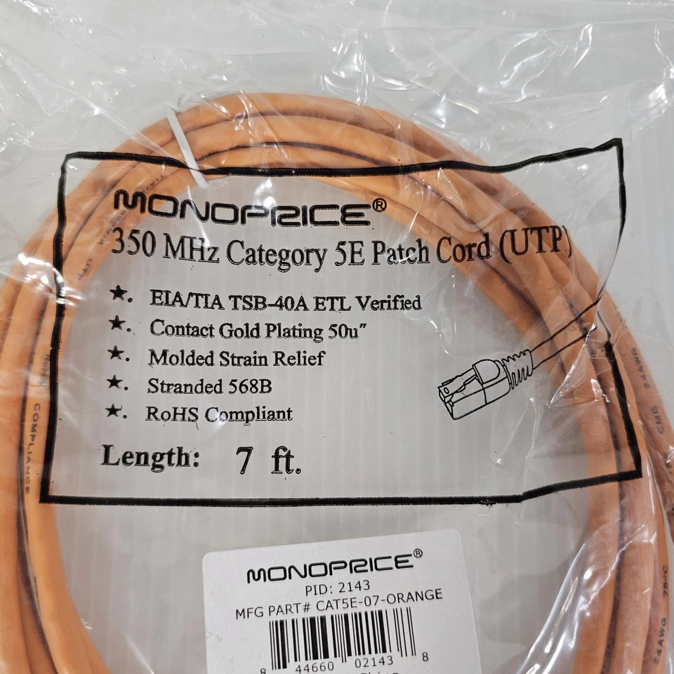 2 Cat5e Ethernet Patch Cables, RJ45 350Mhz UTP  24AWG 7ft Orange,Gold Plated NEW - Image 2 of 3