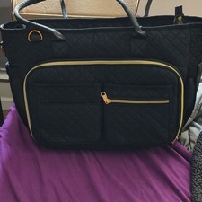Black Quilted Baby Diaper Bag Tote, Gold Zippers, Inner/Outer Pockets, Strap