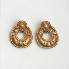 Jeunique Door Knocker Earrings Matte Gold Tone Faux Pearl Rhinestone Vintage