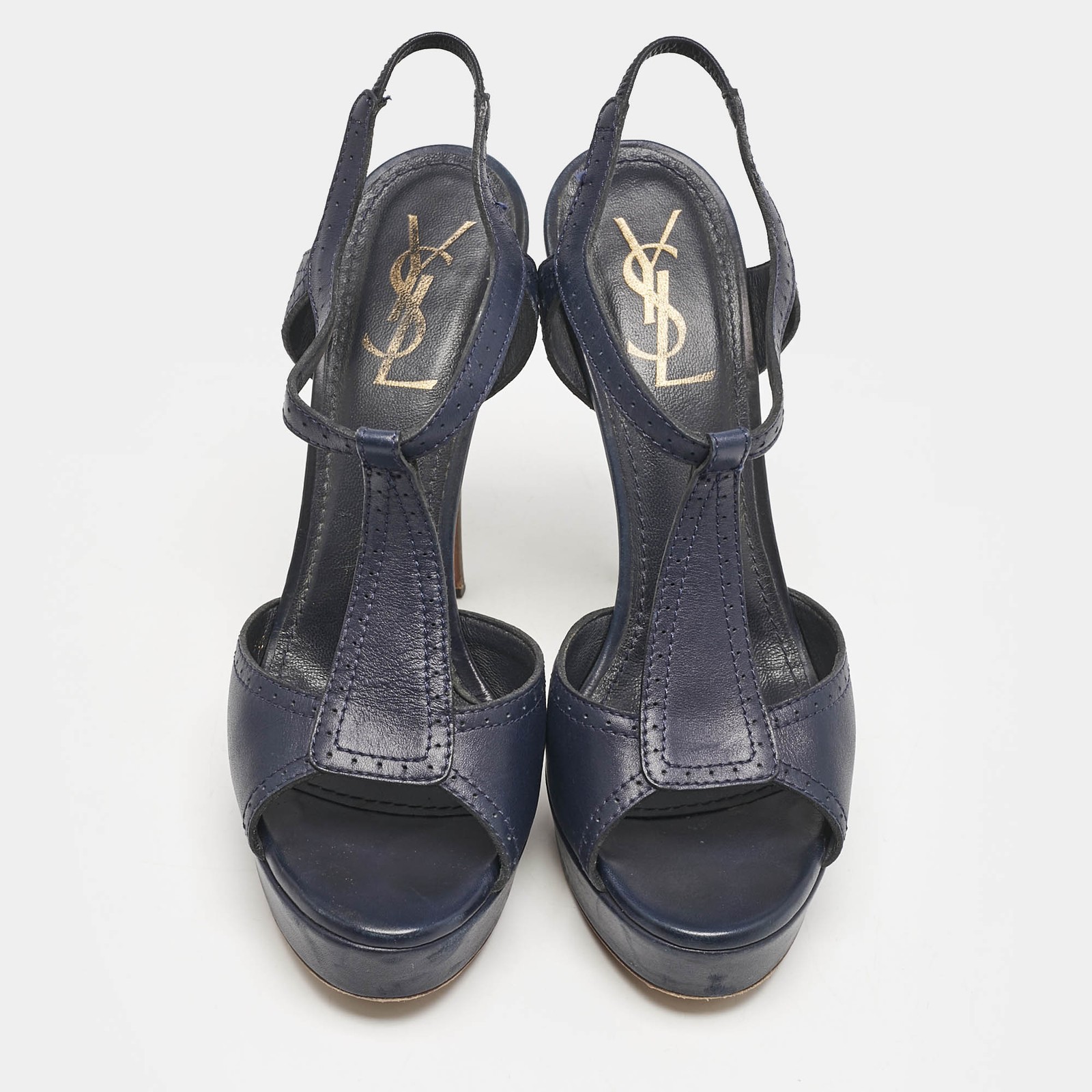 Sandali Yves Saint Laurent blu navy in pelle con cinturino a T e plateau taglia 38 5