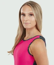 Plum Practicewear Gymnastics Leotard Flip Side Hot Pink Black Dot Print Size AXS