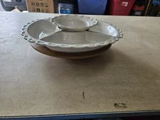Doranne White Lazy Susan Serving Tray w/ Wood Base, NOS