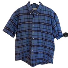 Vintage LL Bean Button Down Shirt Mens Large Blue Plaid Short Sleeve Made in USA
