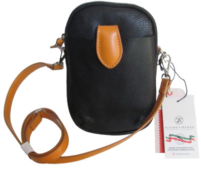 DIVINA FIRENZE ITALY Amanda GENUINE Leather Crossbody Bag 2-Tone Black/Honey NWT