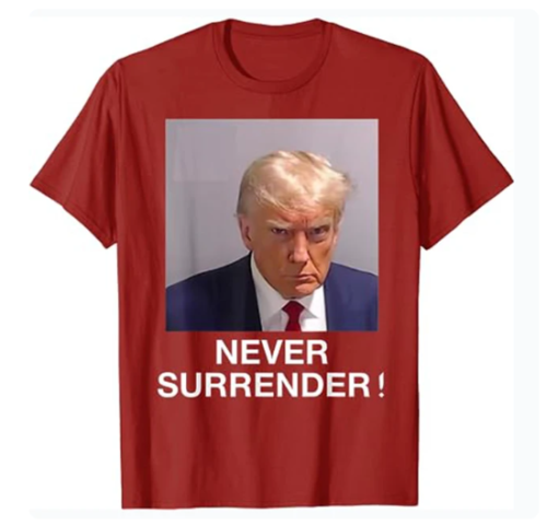 2024 Elections Exclusive: Donald Trump 'Never Surrender' Mug Shot Red T-Shirt - Picture 1 of 5