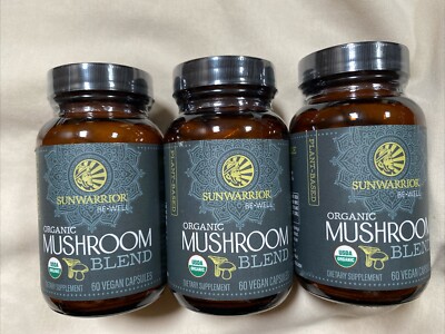 3 pack SunWarrior Be Well Organic Mushroom Blend 180 Capsules Total Exp 06/25