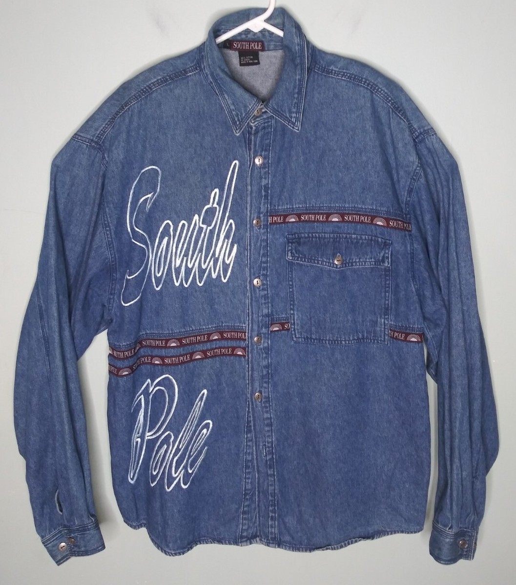 Vintage South Pole Denim Embroidered Button Front Shirt Long 