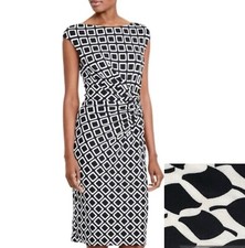 Lauren Ralph Lauren White Black Geo Side Rushed Stretch Sheath Dress Sz 2