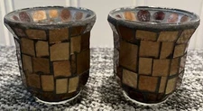 Pair 2 VTG Glass Mosaic Tile Candle Holder Brown Tan Natural Colors 3.25”Decor