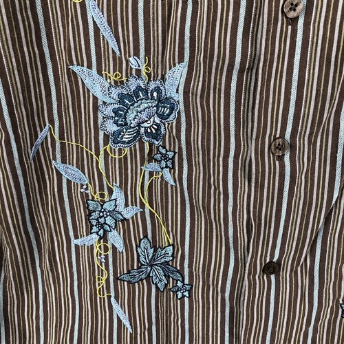 Coastal Shirt Mens Large Brown Blue Striped Embroidery Floral Western Art Casual - Picture 11 of 21