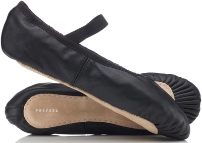 PROVORA Boys / Mens BLACK Leather Ballet Shoes. Full Sole. Pre Sewn Elastics. All Sizes!