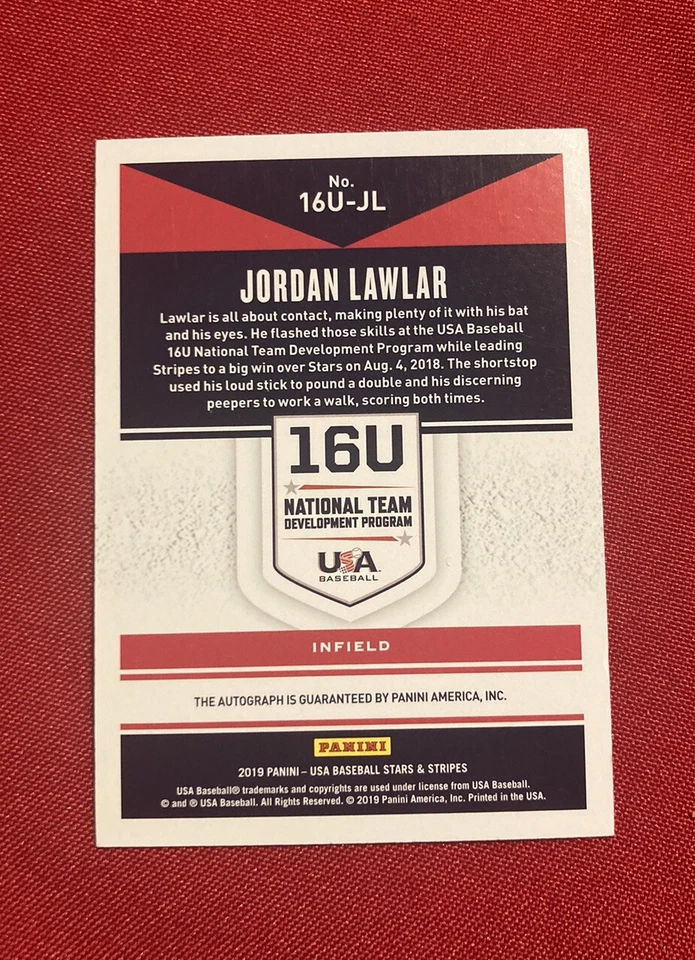 Jordan Lawlar Auto /165 2019 Panini USA Baseball Stars & Stripes #16U-JL - Image 2 of 2