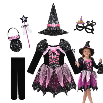 Kinder Hexenkostüm Set Mädchen Halloween Party Karneval Hexe Kleid Zubehör